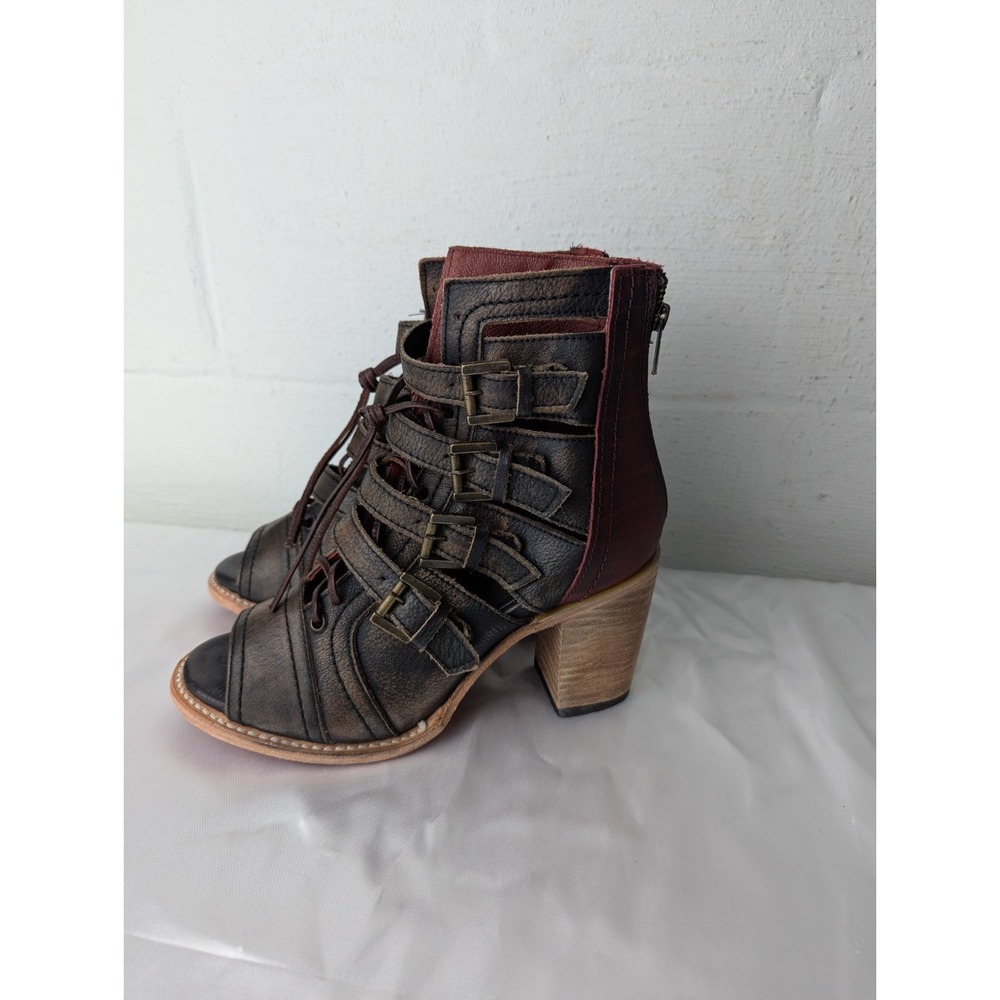 Freebird Women's Sz US 9 Braeden Brown Leather Strappy Booties Steven Peep Toe